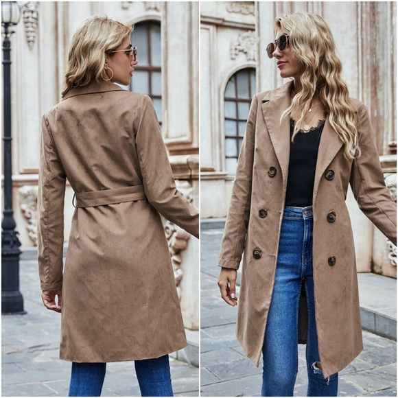 camel tan collar fall button trench pea coat belte - Picture 2 of 3